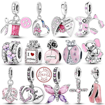 Pink Charms Original 925 Sterling Silver Heart Bow Perfume Bottle Charms Beads Pendants Fit Bracelet DIY Women Jewelry Making