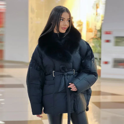 Thichen Winter Padded Coat Women Faux Fur Collar Belted Waist Tie Loose Oversized Quilted Jacket Warm Outerwear Daily Streetwear