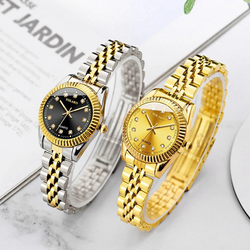 Watches for Women Simple Casual Student Fashion Quartz Diamond-Encrusted Steel Band Calendar Gold Set Men's Watch Couple
