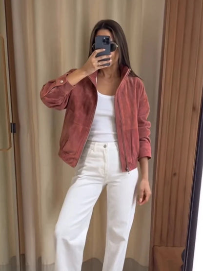 Women Dusty Faux Suede Bomber Jacket Stand Collar Zip Up Loose Drop Shoulder Elastic Hem Casual Fall Outerwear 2026 Fashion Coat