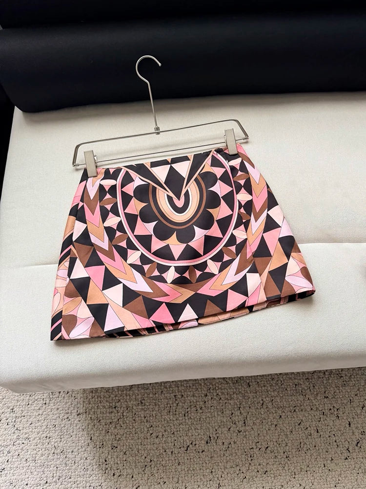 Summer Fashion Party Vintage Pattern Print Silk Mini Pencil Skirt Women's Low Waist Slim Buckle Strap Buttock Covering Skirt