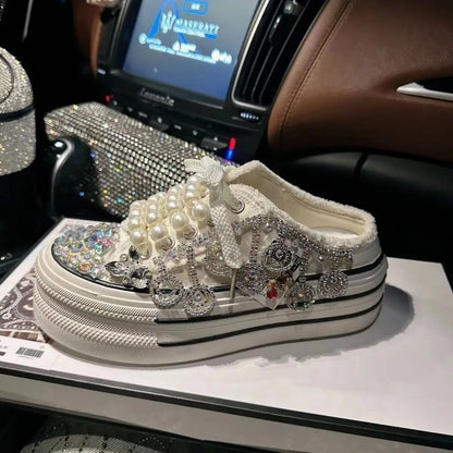High Quality Shiny Sequined Slippers Flat Shoes Crystal Pearl Studs Canvas Shoes Loafers Shiny Women's Vulcanized Slippers