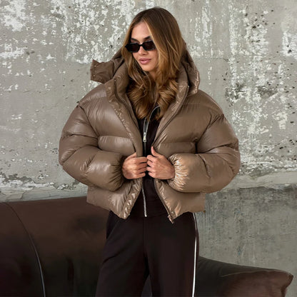 Hooded Glossy Women Winter Coat Loose Thicken Long Sleeve Elastic Hem Jackets Oversized Stand Collar Warm Street Outerwear Lady