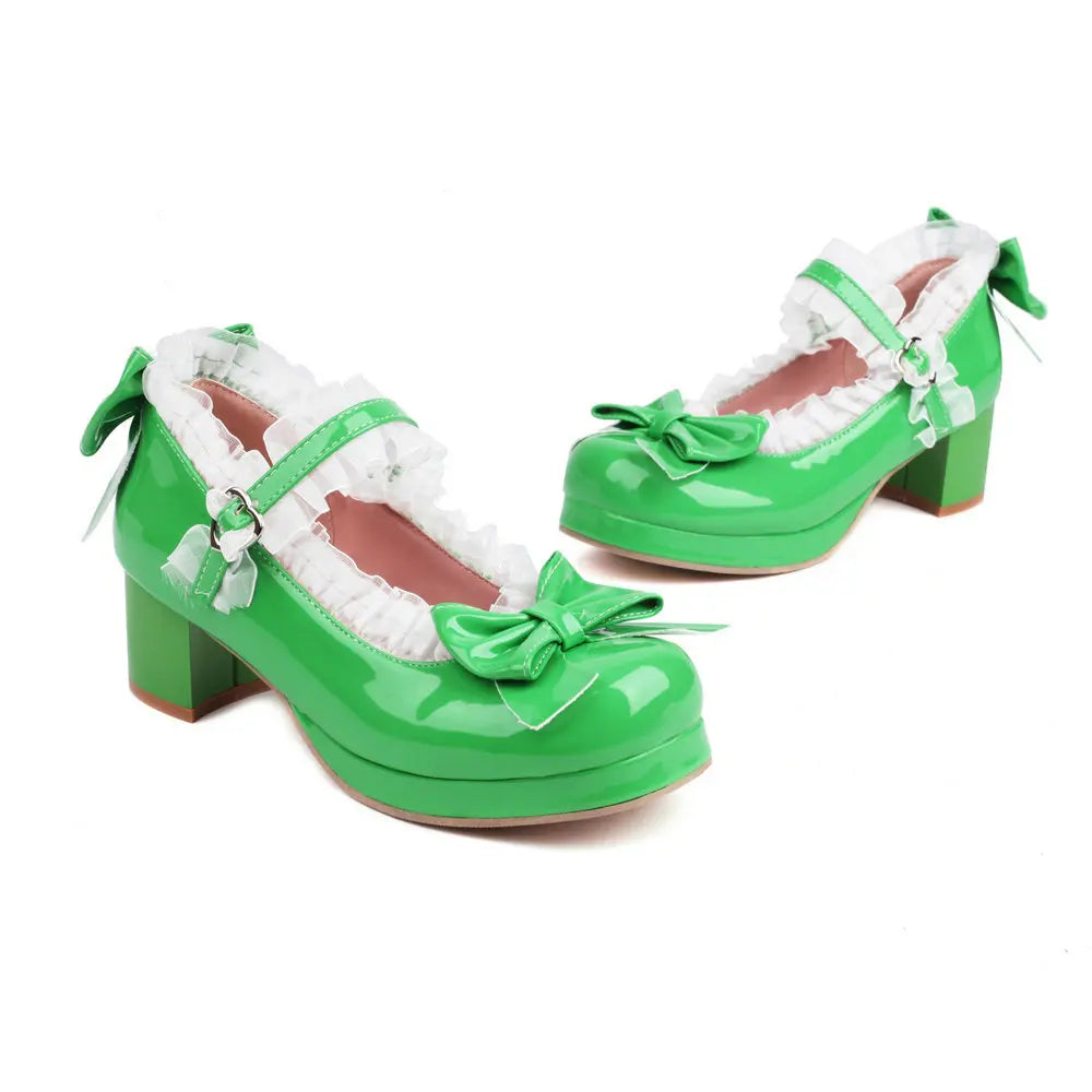 Bow & Ruffle Mary Jane Block-Heel Shoes