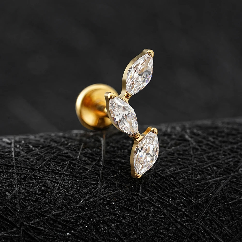 Right Grand ASTM F136 Titanium Triple Marquise Labret Stud 16G CZ Cluster Climber Cartilage Earring Tragus Helix Ear Piercing