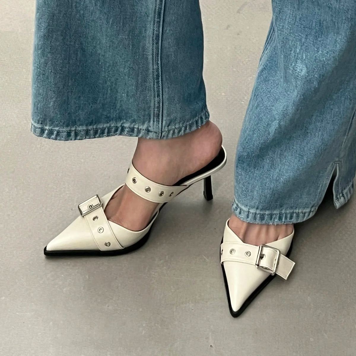 Women's Pointed-Toe Buckle Mules in Heel Options