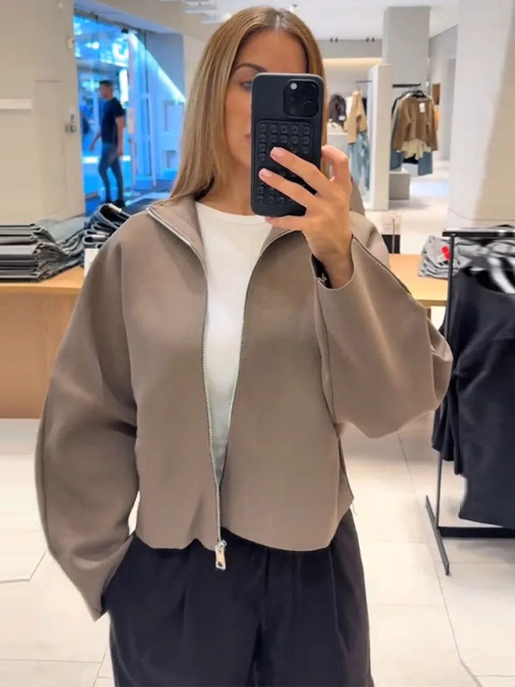 Elegant Knitted Zipper Women's Sweater Solid Full Sleeve Stand Collar Loose Open Stitch Female 2026 Fashion Autumn Outwear Lady