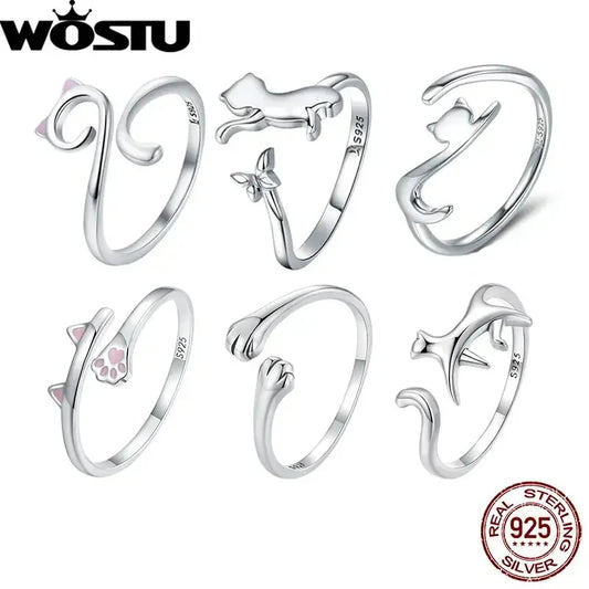 WOSTU 925 Sterling Silver Pet Cat Stackable opening Ring For Women Snake Dog Adjustable rings Fine Jewelry Party Birthday Gift