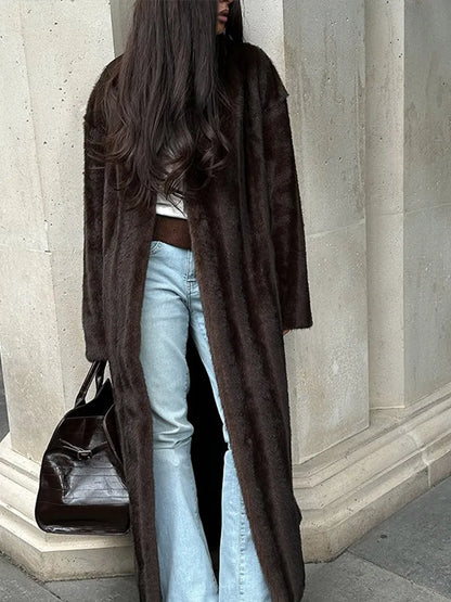 Lady Faux Fur Waist Belt Coat Casual Stand Collar Wide Flare Sleeve Stitched Plush Jacket Soft Thick Warm Winter Outerwear Daily
