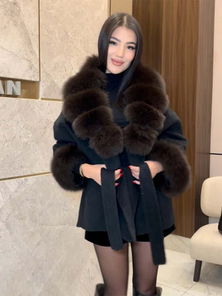 Retro Faux Fur Patchwork Woolen Maxi Coat Women Solid Full Sleeves V-neck Lace Up Loose Coats Lady Winter Commute Outwear New