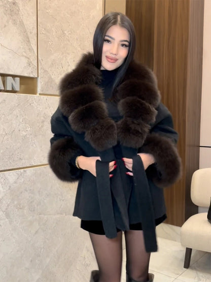 Retro Faux Fur Patchwork Woolen Maxi Coat Women Solid Full Sleeves V-neck Lace Up Loose Coats Lady Winter Commute Outwear New