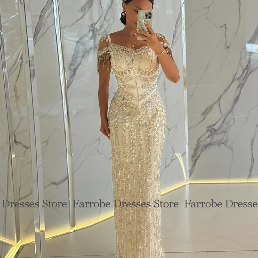 Charming Heavy Work Evening Dresses Satin Sheath/Column Valentine's Day Dress Ivory V-neck Beads Tassel Birthday Party Dresses