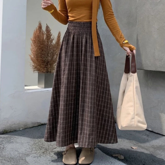 Qiukichonson French Chic Vintage High Waisted Plaid Skirt Women Autumn Winter A-Line Ruffle Pleated Midi Long Skirts Maxi