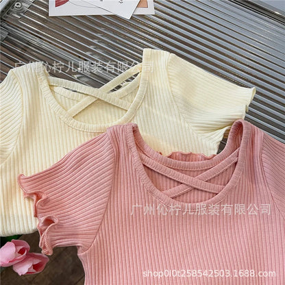 Girls T-Shirt Summer Children Short Sleeved Thin Soft Tops Simple Solid Color Casual Kids Clothing 2-6 Years Sweet Shirtthing