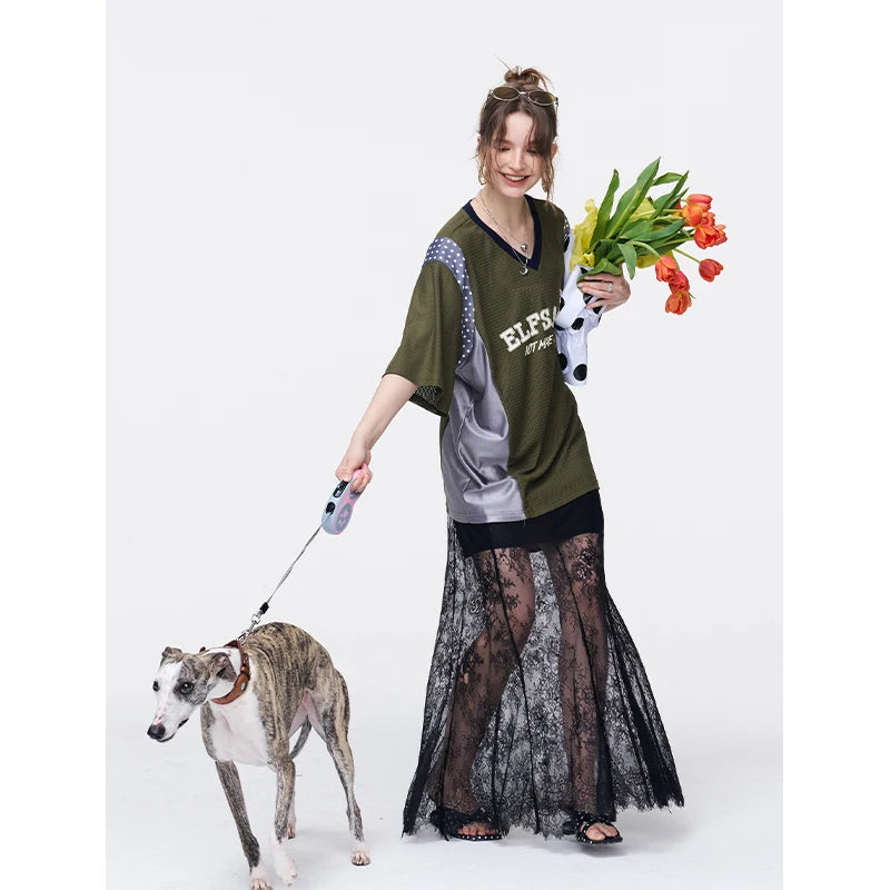 ELFSACK Romantic Lace Midi Skirt, Sheer See-Through A-Line Skirt, Elegant Slimming Long Skirt for Women
