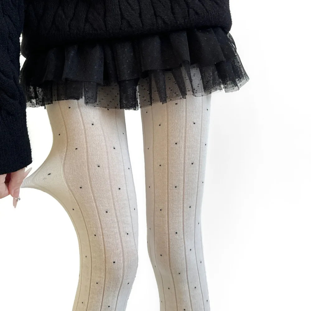 Essential Polka Dot Pattern Pantyhose Ribbed Texture Cotton Material Thigh High Stockings Fashion Comfortable Leggings