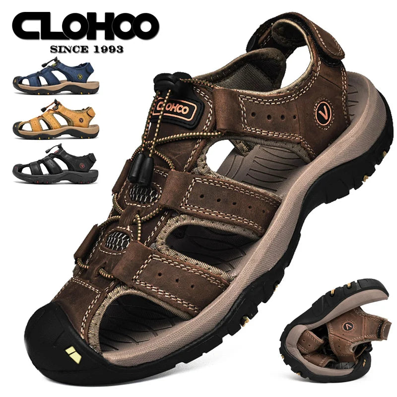 CLOHOO Men's Sandals Handmade Thick Bottom Rubber Breathable Casual Slip-On Beach Shoes Leather Upgraded Version