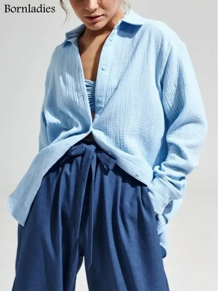 Bornladies 2025 Women's Spring Summer 100% Cotton Shirts Office Lady  Fashionable Solid Lady Long Sleeve Loose Tops Crepe Shirts