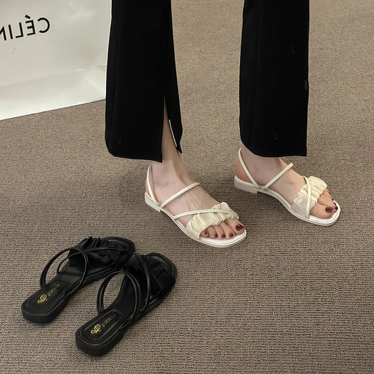 2023 Fashion Woman Sandals Women Sandals Ladies Square Heels Elegant Summer Slippers Outside Cross Tied Leather Female Slides