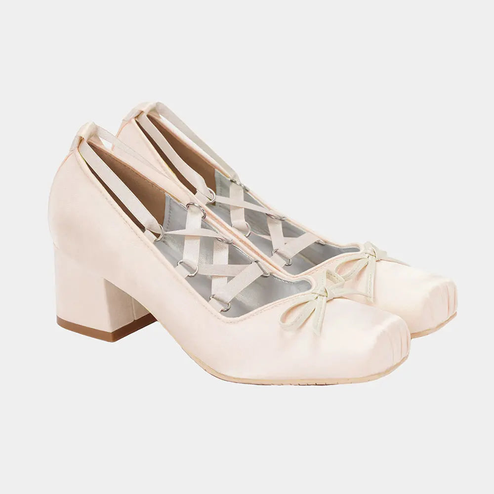 Brand Big Size 43 Square Heels Pink Cross-tied Ballerina Pumps Satin White Lace-up Sweet Lolita Mary Janes Ballet Shoes Women