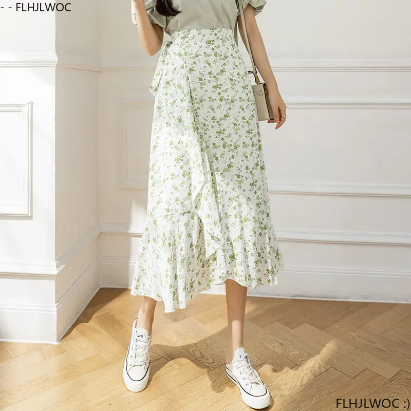 2025 Chic Korea Clothes Summer Women Cute Sweet GIrl Floral Robe Holiday Date High Waist Retro Vintage One-Piece Lace-Up Skirts