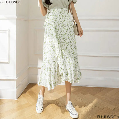 2025 Chic Korea Clothes Summer Women Cute Sweet GIrl Floral Robe Holiday Date High Waist Retro Vintage One-Piece Lace-Up Skirts