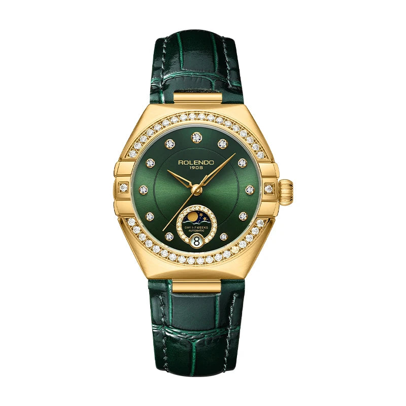 ROLENDO Women's Automatic Mechanical Watches Moon Phase Display Diamond Bezel Green Dial Leather Strap Watch Gift For Women