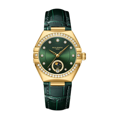 ROLENDO Women's Automatic Mechanical Watches Moon Phase Display Diamond Bezel Green Dial Leather Strap Watch Gift For Women
