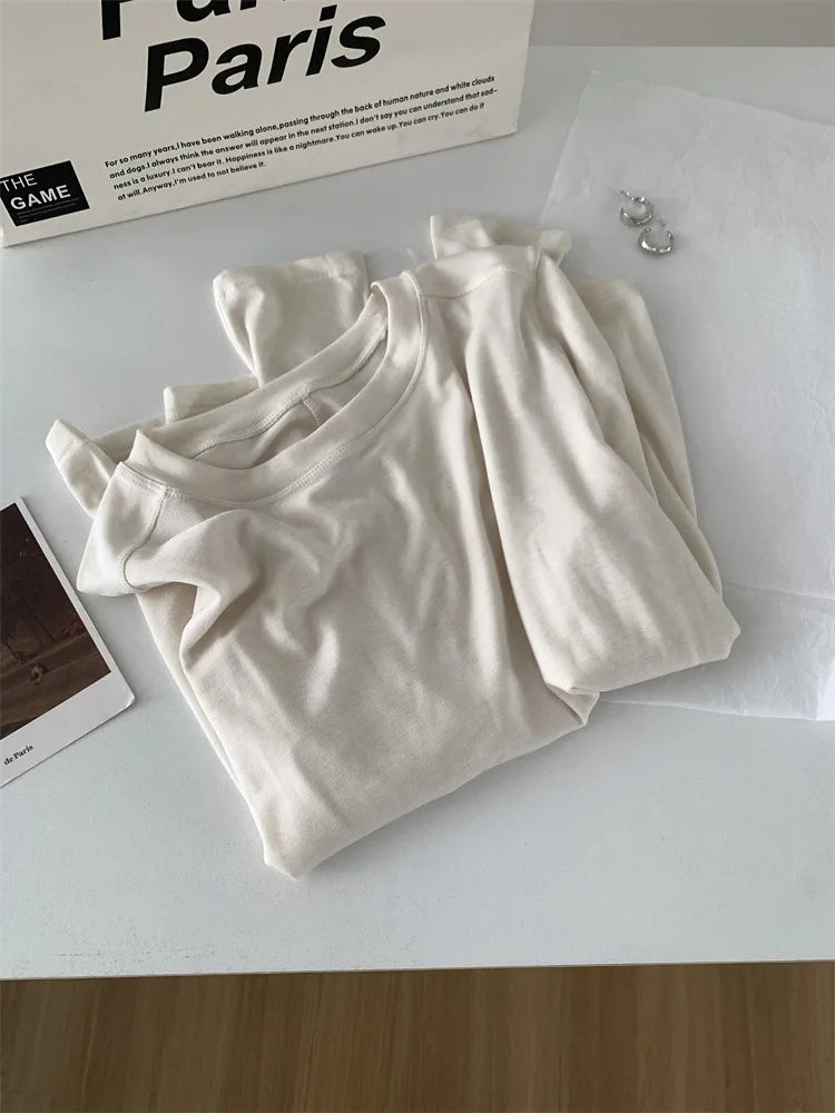 Silk Wool Splice Long Sleeve T-shirt Women Spring Summer Thin Soft Waxy Fit Solid Color Backing Top