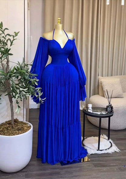 CM.YAYA 2026 Fall Winter Women Long Sleeve Halter Big Swing Long Maxi Dress Evening Birthday Trendy Sexy Vacation Party Dresses