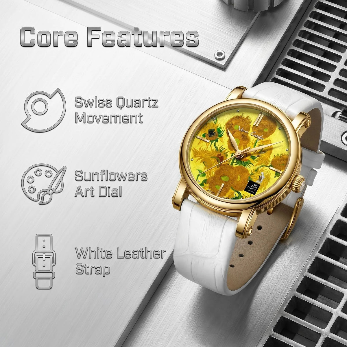 Van Gogh Sunflower Oil Painting Dial Quartz Watch for Women Swiss Movement 36mm Gold Case White Leather Strap