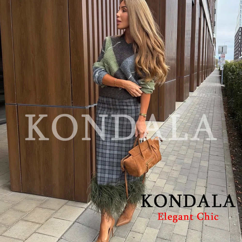KONDALA Women Trendy Rhombus Contrasting Sweater Elegant Knitted Blouse 2026 Fall Fashion Holiday Party Commute Lady Sweater