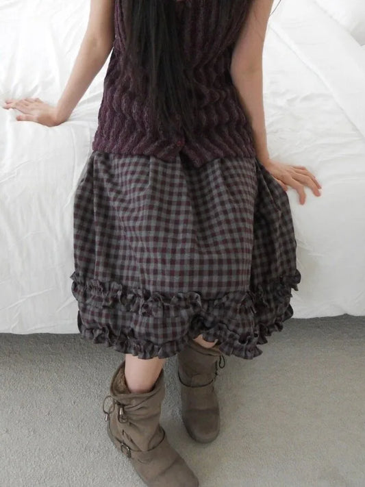 Retro Plaid Flocking Midi Skirt Women's Fashion Splicing Wood Grain  Elastic Waist Half Body Skirt School Street Style