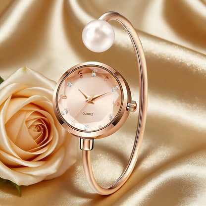 2pcs Exquisite Women Slim Bangle Watch Bracelet Set  Elegant Pearl Ladies Quartz Wristwatches Reloj Mujer（Without Box）