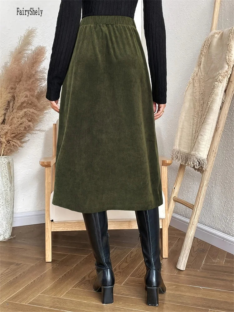 Causal Green Pocket Corduroy Long Skirt Women 2026 Winter High Waist Office Midi Skirt Ladies Elegant Elastic Button Work Skirt