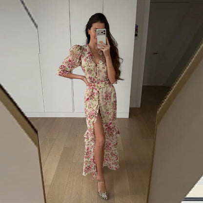 Organza Floral Printed Maxi Dress V-neck Puff Sleeve 2026 Spring/summer Romantic Women Party Gown Fashion Elegant Lady Vestido