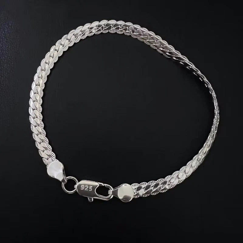 925 Silver Bracelet 6mm 18/19/20cm Flat Side Chain Lobster Clasp For Woman Man Wedding Engagement Jewelry