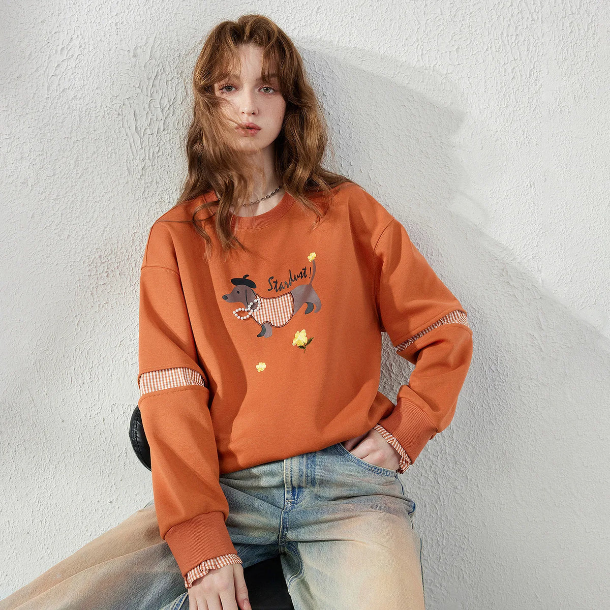 TOYOUTH Women's Sweatshirt 2026 Autumn New Loose Deconstructed Faux Two-Piece Plaid Dachshund Print Vintage Pullover Top