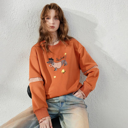 TOYOUTH Women's Sweatshirt 2026 Autumn New Loose Deconstructed Faux Two-Piece Plaid Dachshund Print Vintage Pullover Top