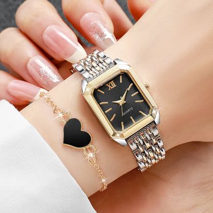 2PCS Fashion Mix Gold Women Quartz Watch Heart Bracelet Set Ladies Rectangle Roma Dial Wristwatch Reloj Mujer (Without Box)