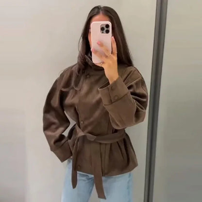 Fashion Dark Gray Suede Bomber Jacket Women Stand Collar Full Sleeve Oversize Asymmetric Street Coats 2026 Autumn Lady Jackets