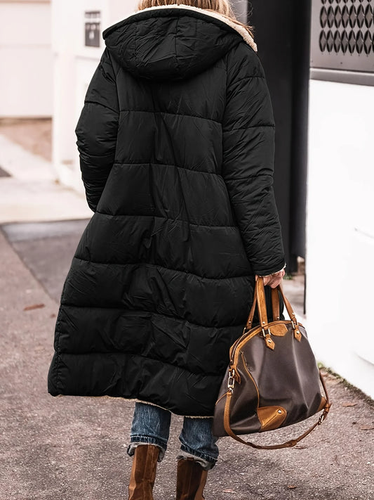 Women's Warm Reversible Hooded Long Puffer Coat Fleece Lined Zip Up Winter Parka