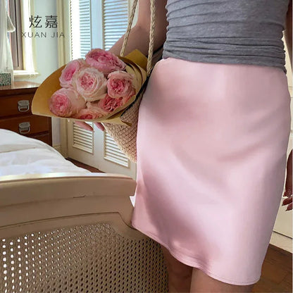 Satin Silk Short Skirt Women's Summer 100% Mulberry Silk Drape Skirt Elastic High Waist Slim Fit Hip Wrap A Word Skirt
