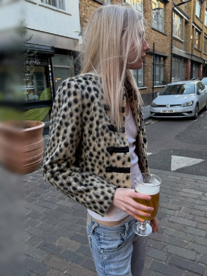 Women Leopard Print Faux Fur Jacket Mandarin Collar Chinese Frog Closure Cropped Vintage Y2K Slim Fit Coat Ladies Outerwear