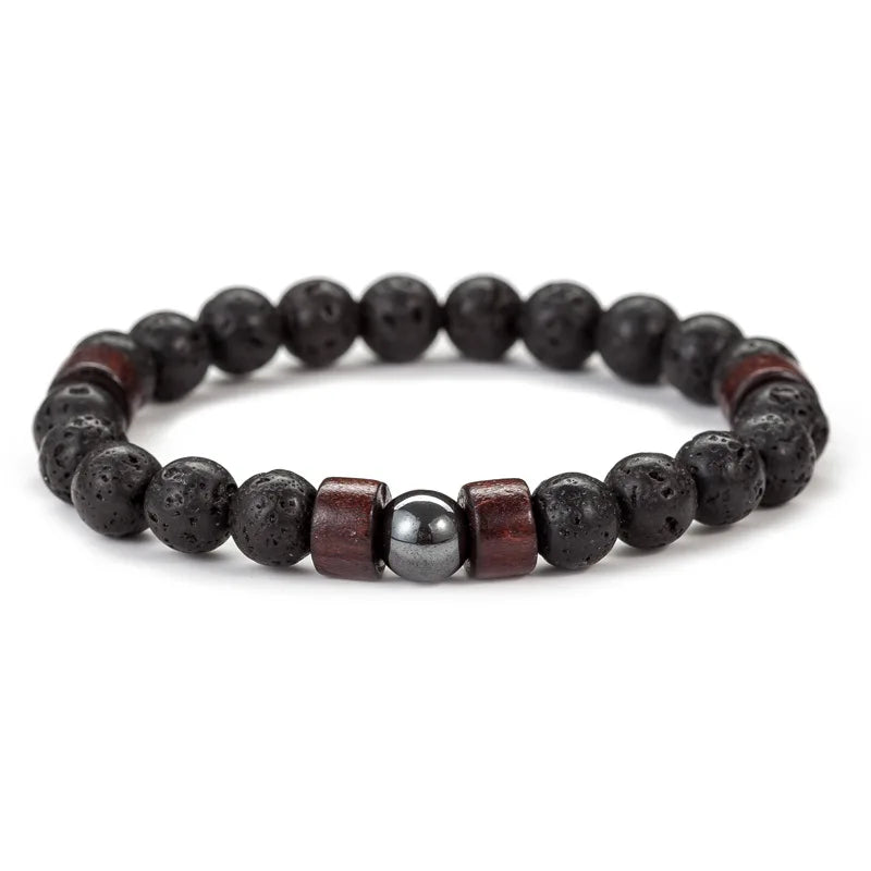 8mm Volcanic Stone Bracelet for Men Lava Wooden Beads Bracelet Tibetan Buddha Male Wrist Chain Jewelry Handmade Elastic Bracelet