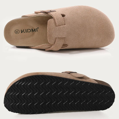 Evshine Women Suede Cork Slippers with Adjustbale  Strap Comfy Arch Support Leather Mules Retro Men Potato Shoes Lady Cork Clogs
