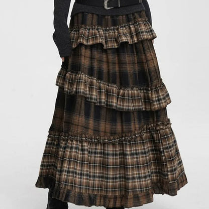 Midi Dress Vintage Plaid Skirt Women High Waist Skirt Ruffle Patchwork Irregular Hem Autumn Winter Line Slim Maxi Skirts Female