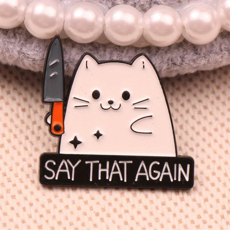 Cute Knife Wielding Kitten Brooch Unique Badge Accessory Gift