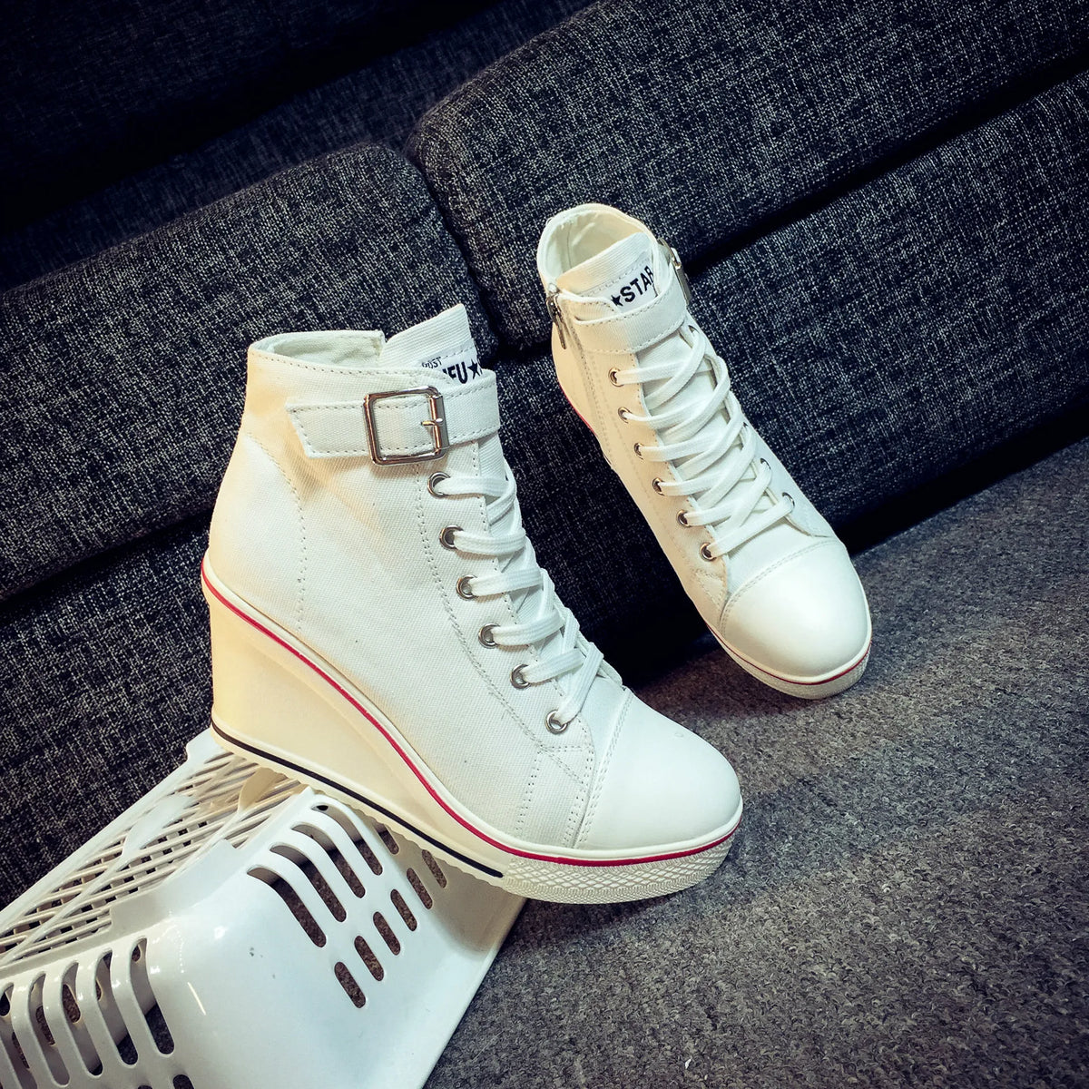 High Top Canvas Women Wedge Shoes Women's Denim Ankle Lace Up Ladies Ankle Canvas Shoes Woman 8cm Heels Sneakers