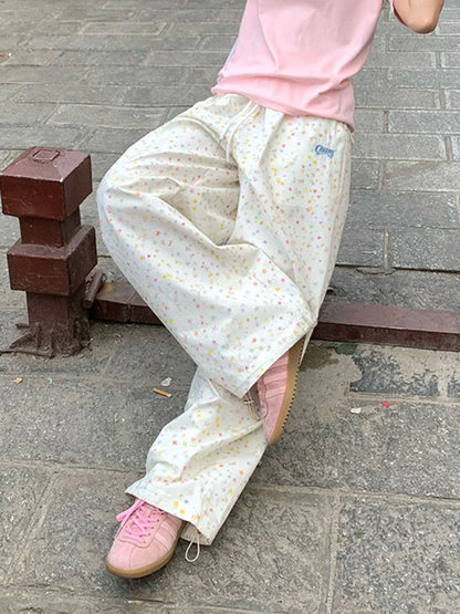 Zoki Stars Print Letter Cargo Pants Women Sweet Fashion High Waist Wide Leg Trousers Casual Loose Preppy Style Female Cute Pants